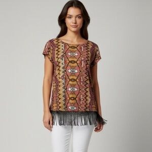 2/$30 INC International Concepts Women’s Aztec Print Fringe Cap Sleeves Small